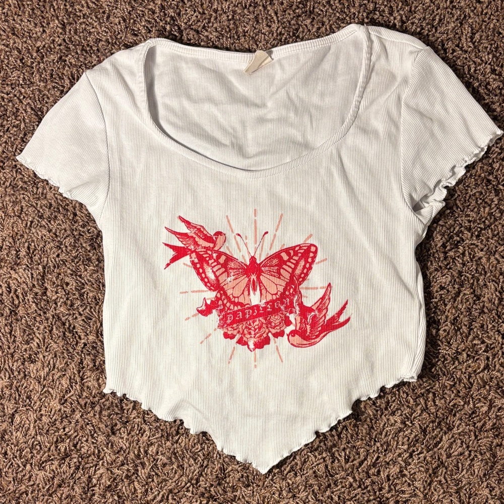 Outerknown White Crop Top with Red Butterfly Design